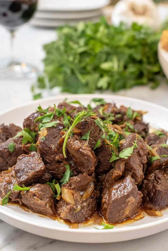 Crock pot steak bites in garlic butter sauce served over creamy mashed potatoes
