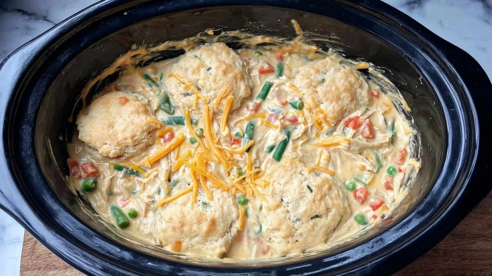 Crockpot Chicken Pot Pie and Biscuits in a slow cooker