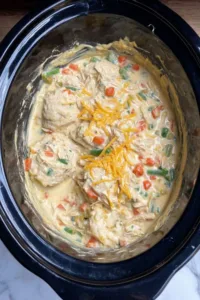 Crockpot Chicken Pot Pie and Biscuits in a slow cooker