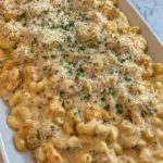 Crockpot Parmesan Garlic Chicken Mac and Cheese in a slow cooker