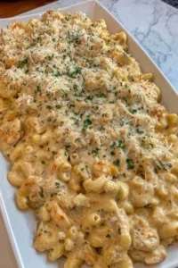 Crockpot Parmesan Garlic Chicken Mac and Cheese in a slow cooker