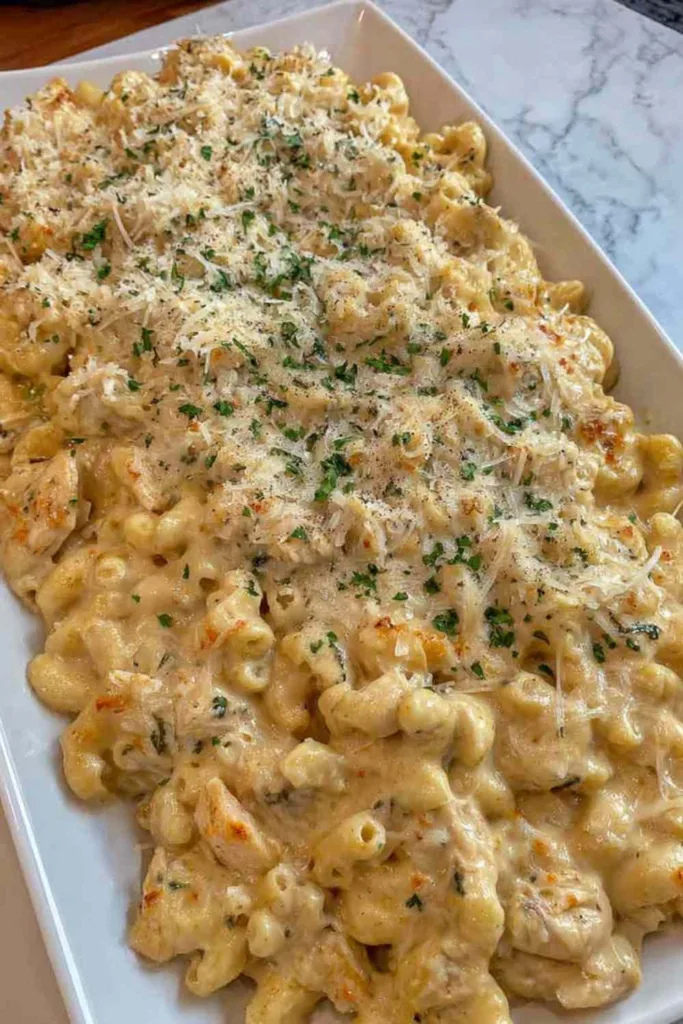 Crockpot Parmesan Garlic Chicken Mac and Cheese in a slow cooker