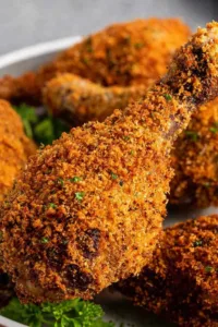 Crunchy crumbed chicken drumsticks on a wire rack with a golden panko crust