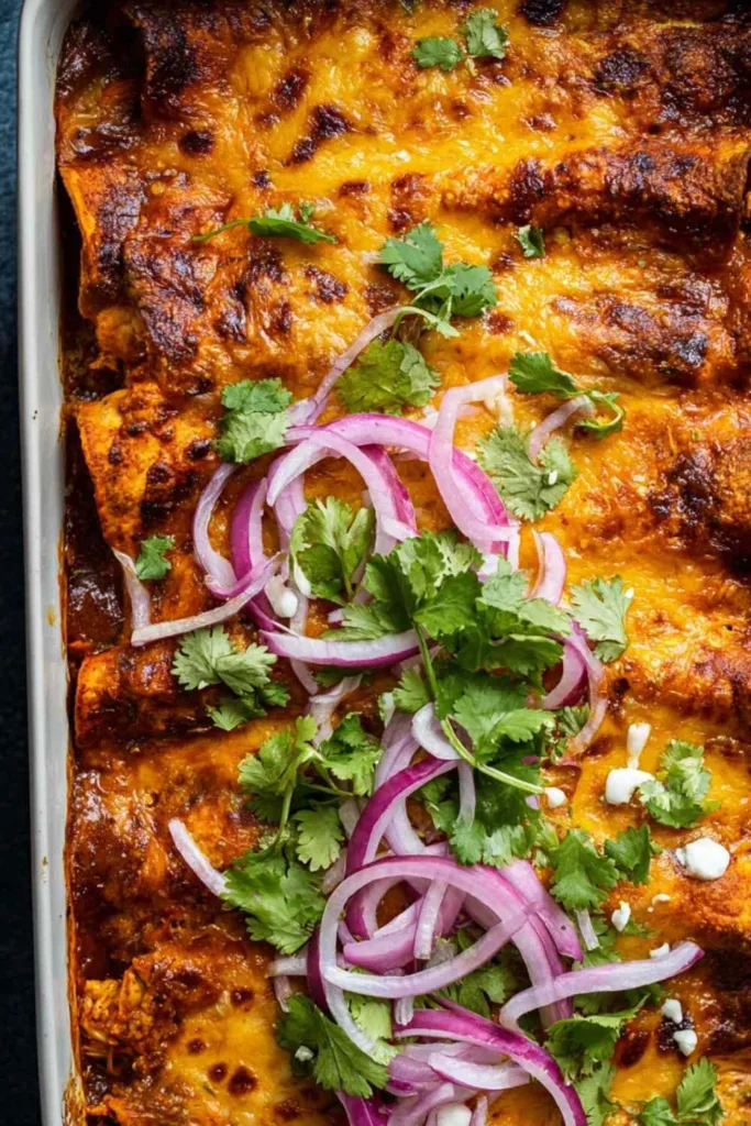 red chicken enchiladas baked in a 9x13 dish with melted cheese and cilantro
