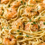 creamy garlic shrimp pasta in skillet with linguine and fresh parsley