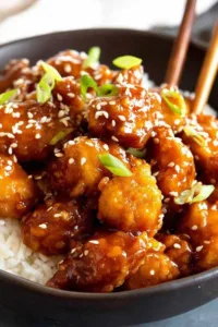 General Tso's Chicken crispy golden pieces in glossy sweet spicy sauce