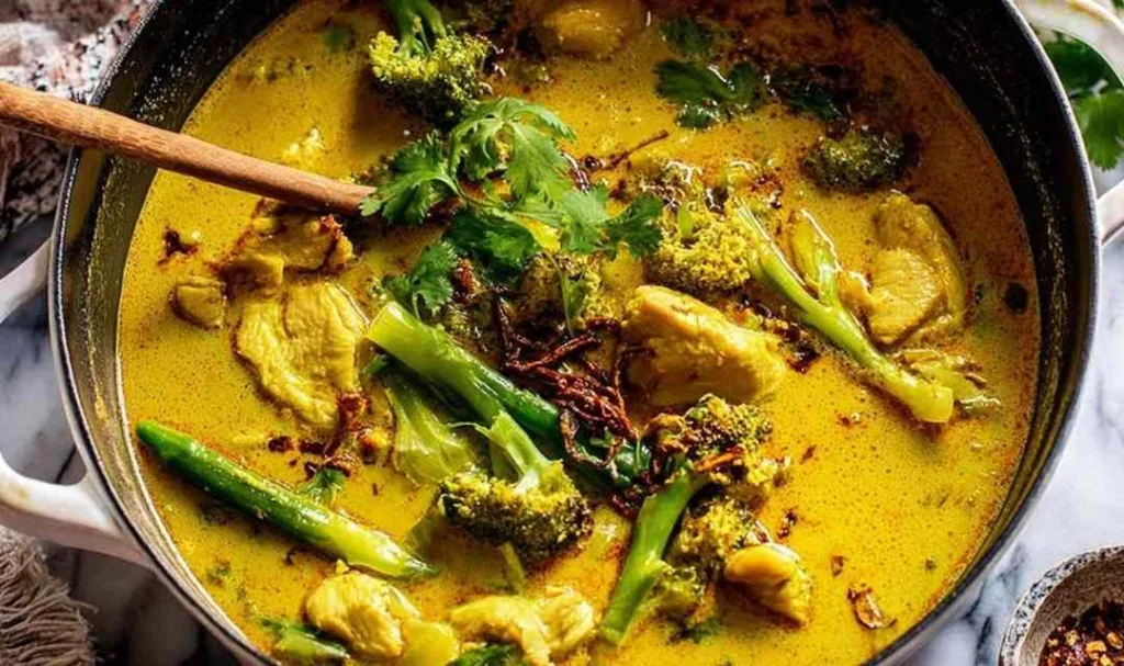 golden coconut chicken curry served over basmati rice with fresh cilantro and crispy shallots