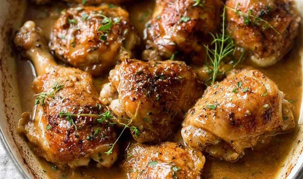 gravy baked chicken thighs and drumsticks in a baking pan with rich dark gravy