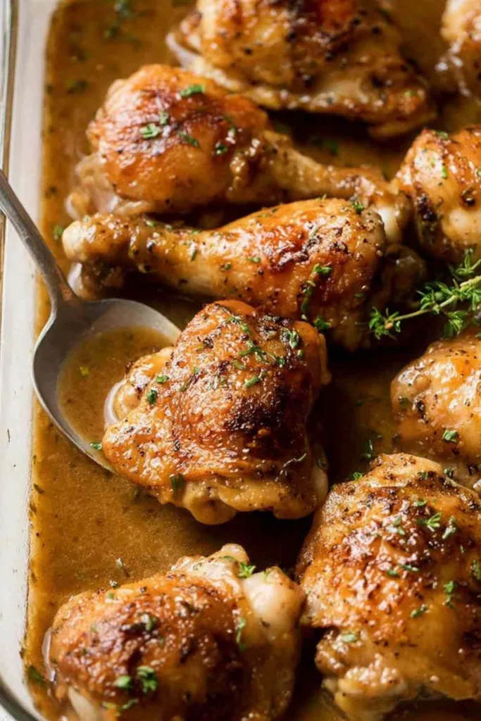gravy baked chicken thighs and drumsticks in a baking pan with rich dark gravy