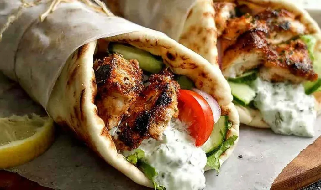 Greek Chicken Gyros with Tzatziki wrapped in parchment on a wooden board