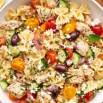 Greek chicken pasta salad in a large bowl with feta olives and lemon dressing