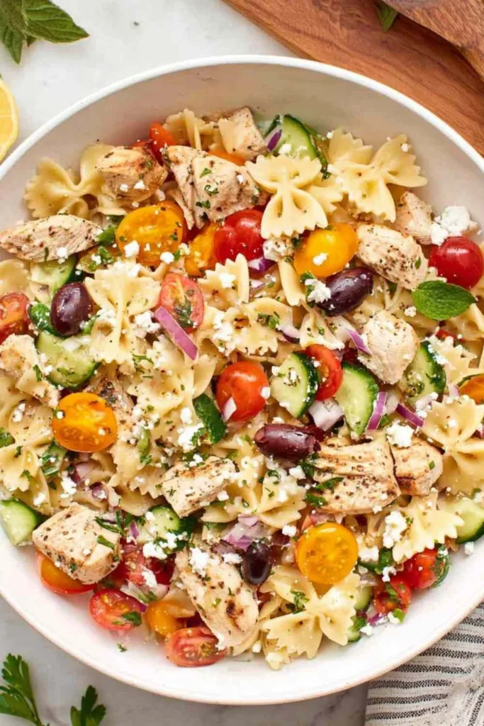 Greek chicken pasta salad in a large bowl with feta olives and lemon dressing