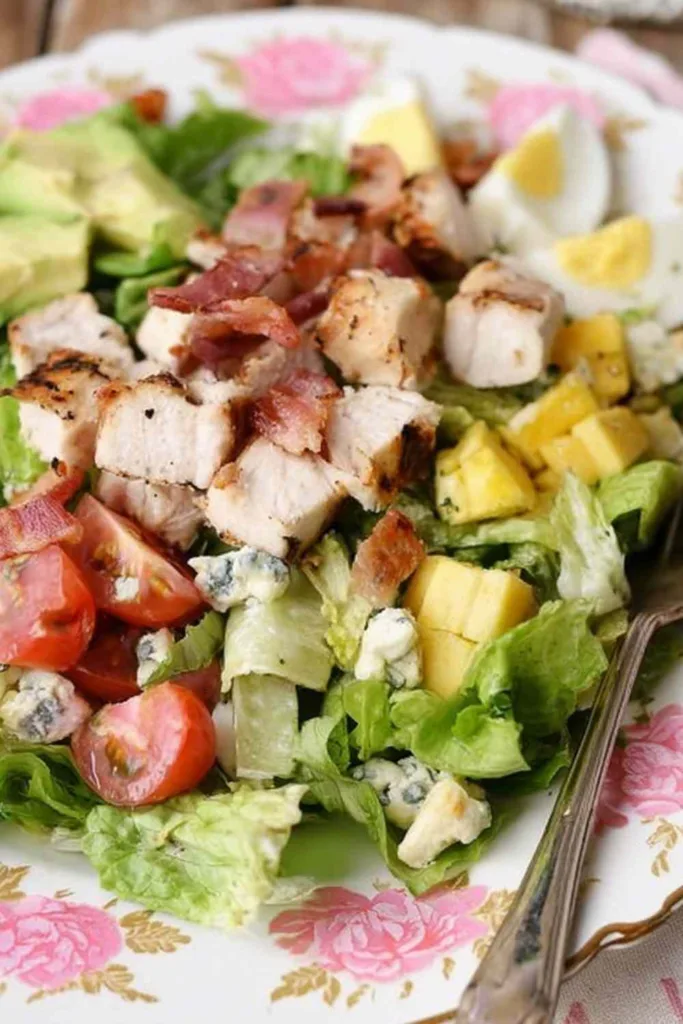 Grilled chicken Cobb salad with romaine, bacon, eggs, avocado, tomatoes, and blue cheese on a white plate