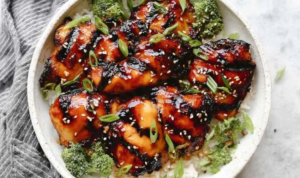 Grilled honey garlic chicken thighs on a serving plate garnished with sesame seeds and green onions