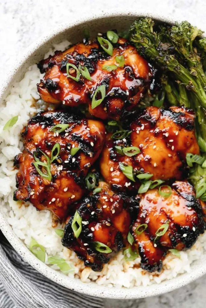 Grilled honey garlic chicken thighs on a serving plate garnished with sesame seeds and green onions
