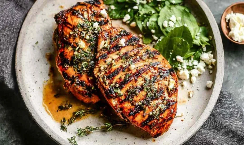 juicy grilled chicken breast on a white plate with fresh herbs and lemon