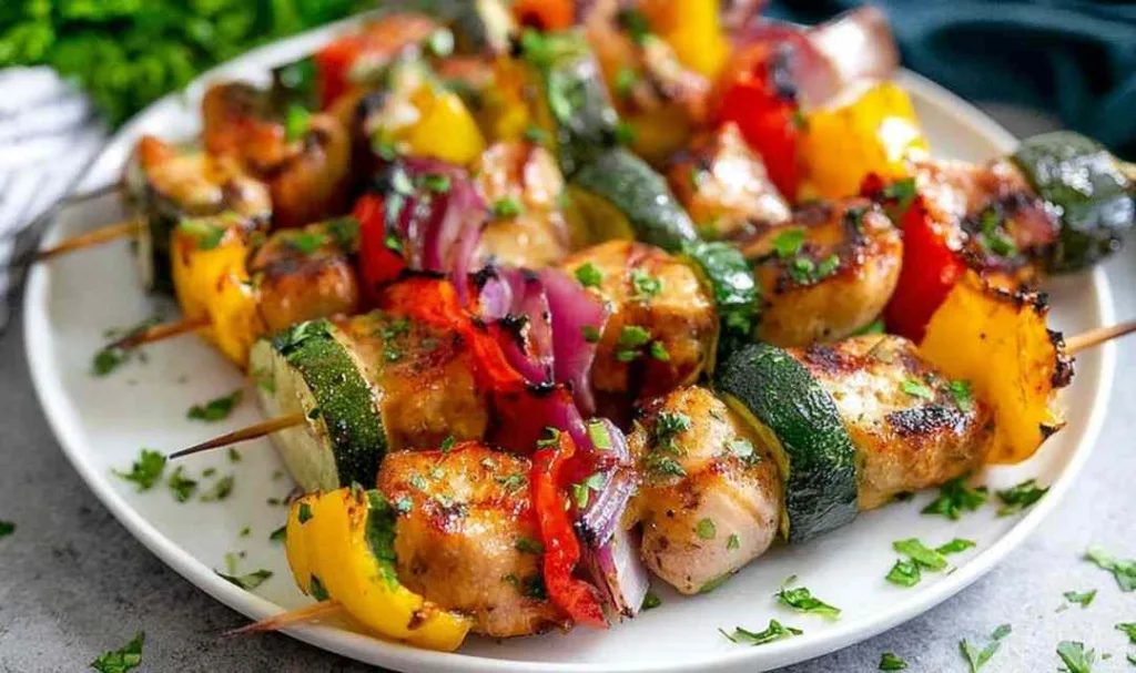 Grilled chicken kabobs with bell peppers and zucchini on a white serving platter