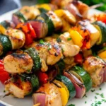 Grilled chicken kabobs with bell peppers and zucchini on a white serving platter