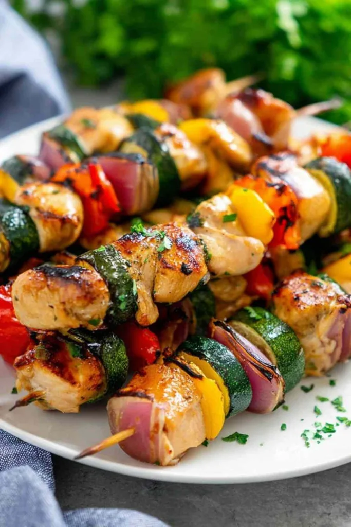 Grilled chicken kabobs with bell peppers and zucchini on a white serving platter