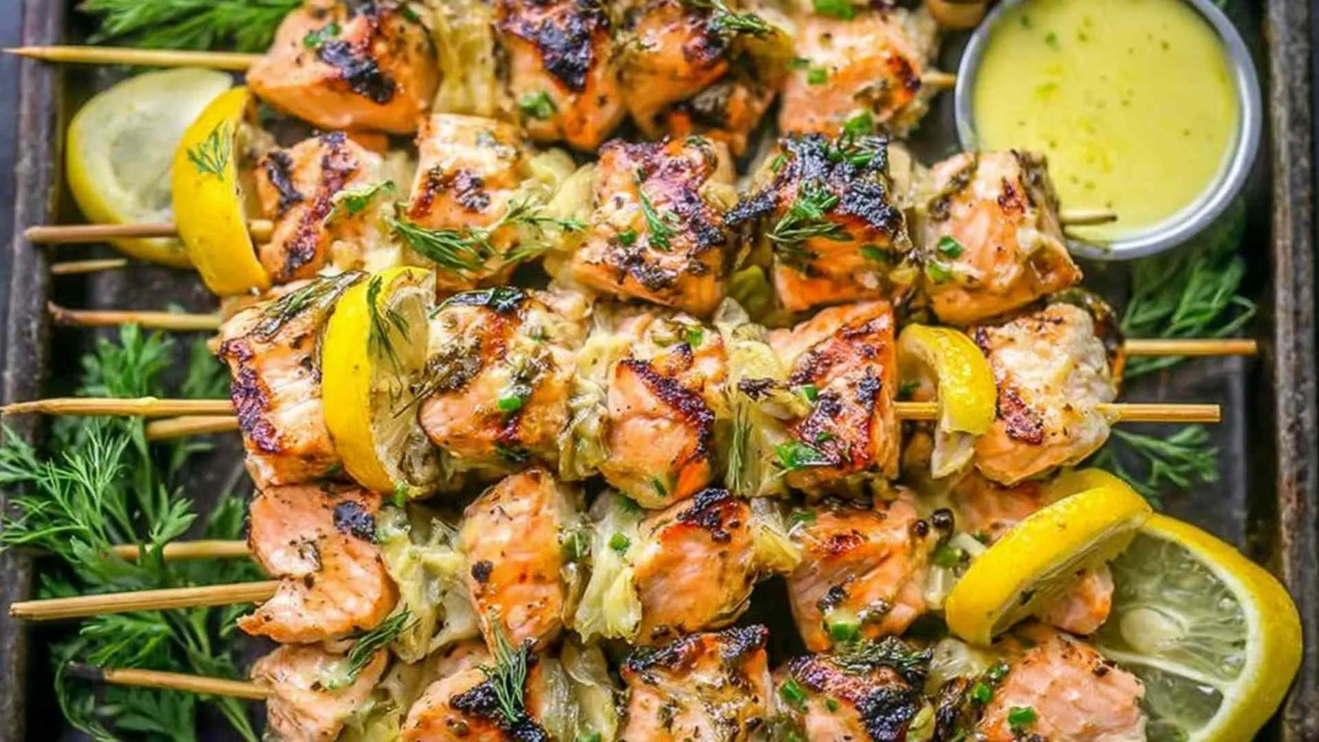 Grilled salmon skewers with garlic and Dijon