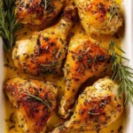 herb garlic chicken leg quarters roasted golden in pan with herb butter pan juices