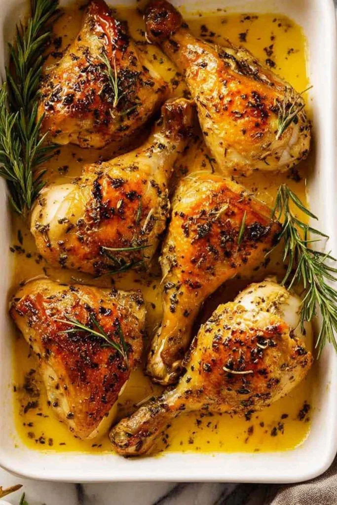 herb garlic chicken leg quarters roasted golden in pan with herb butter pan juices