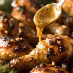 Honey mustard baked chicken drumsticks golden and sticky on a baking tray fresh from the oven