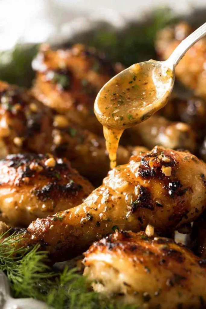 Honey mustard baked chicken drumsticks golden and sticky on a baking tray fresh from the oven
