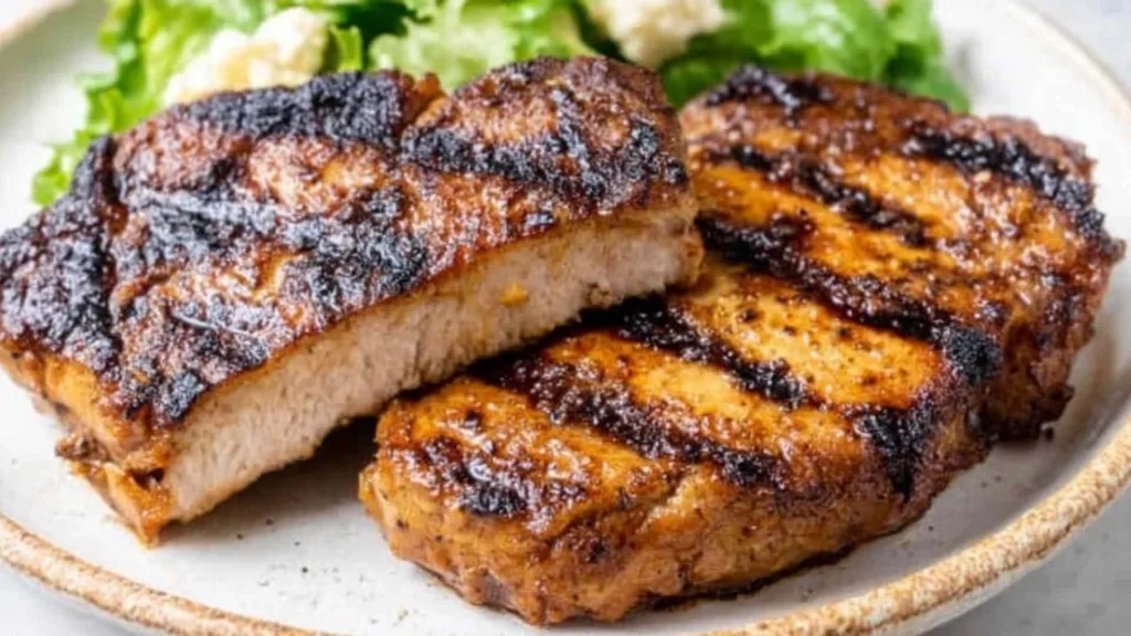 honey mustard grilled pork chops ingredients on wooden counter
