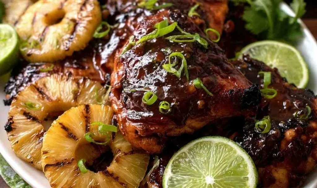 Huli Huli Chicken Hawaiian grilled on BBQ with pineapple slices and green onion