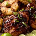 Huli Huli Chicken Hawaiian grilled on BBQ with pineapple slices and green onion