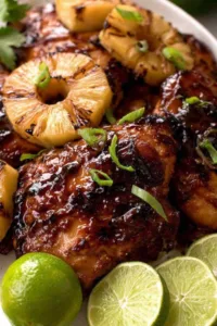 Huli Huli Chicken Hawaiian grilled on BBQ with pineapple slices and green onion