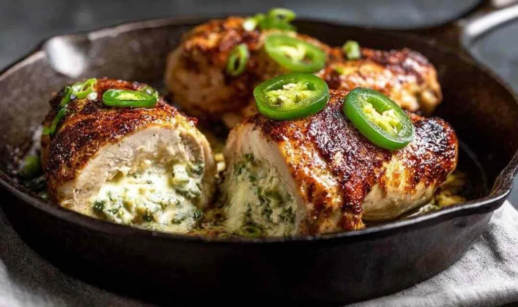 alapeno popper stuffed chicken breast sliced open showing creamy three cheese filling