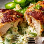 alapeno popper stuffed chicken breast sliced open showing creamy three cheese filling