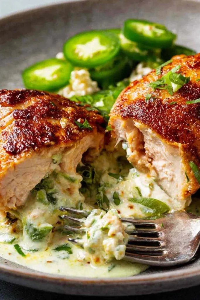 alapeno popper stuffed chicken breast sliced open showing creamy three cheese filling