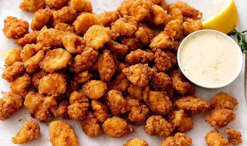 crispy KFC popcorn chicken recipe in a bowl with honey mustard dipping sauce