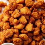 crispy KFC popcorn chicken recipe in a bowl with honey mustard dipping sauce