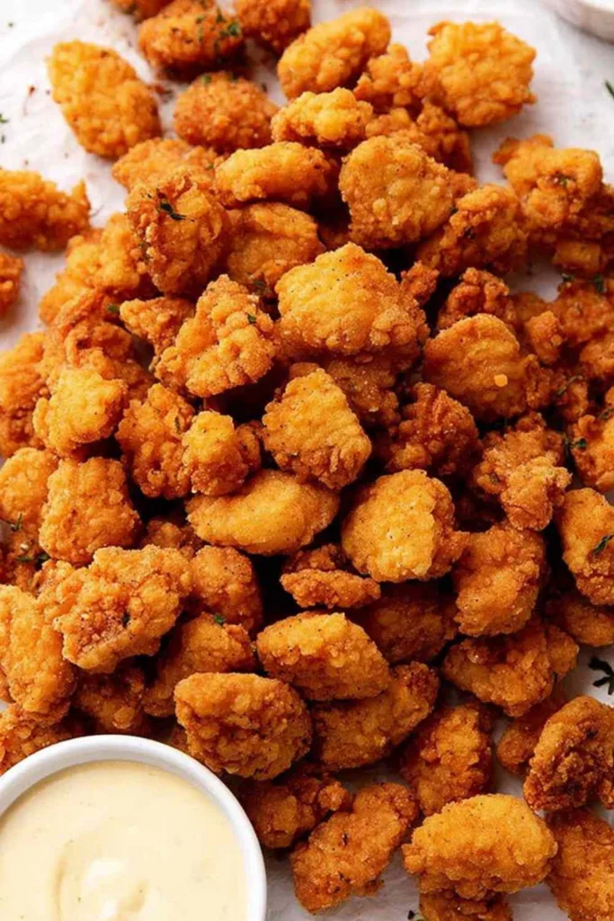crispy KFC popcorn chicken recipe in a bowl with honey mustard dipping sauce