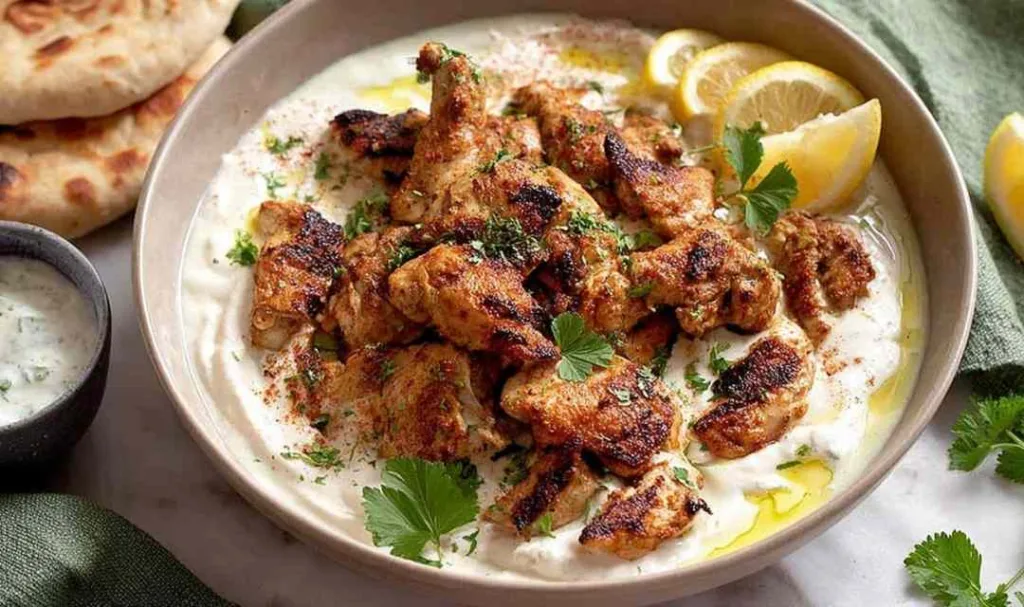 Lebanese lemon garlic chicken on a plate with warm yogurt sauce and fresh parsley