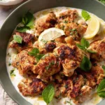 Lebanese lemon garlic chicken on a plate with warm yogurt sauce and fresh parsley
