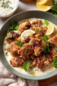 Lebanese lemon garlic chicken on a plate with warm yogurt sauce and fresh parsley