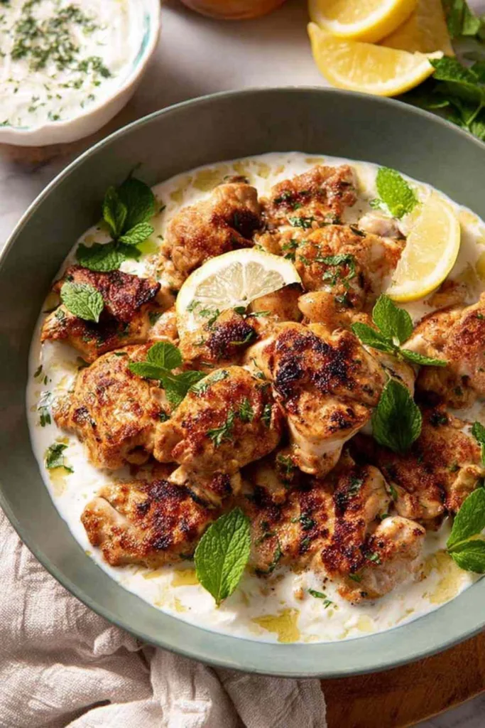 Lebanese lemon garlic chicken on a plate with warm yogurt sauce and fresh parsley