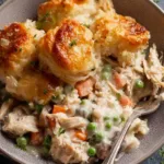 Leftover turkey pot pie with cheesy garlic bread topping in a cast iron skillet fresh from the oven