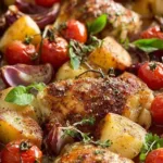 Mediterranean baked chicken dinner with golden chicken thighs, roasted potatoes, and cherry tomatoes in lemon garlic sauce