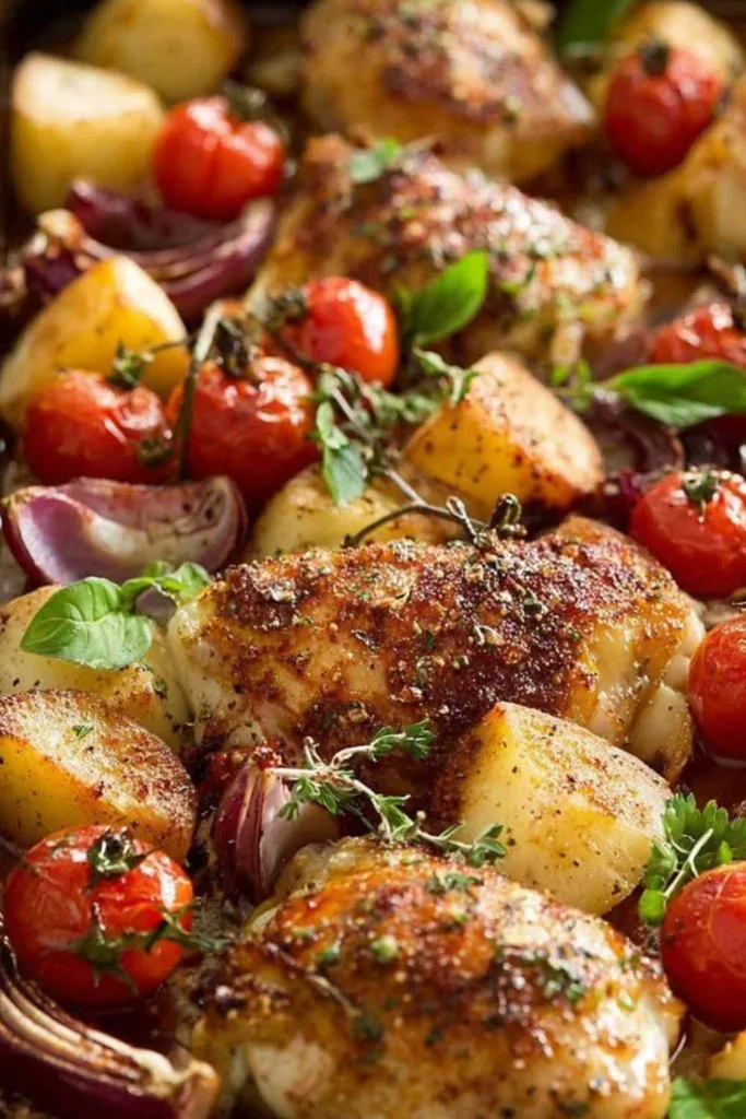 Mediterranean baked chicken dinner with golden chicken thighs, roasted potatoes, and cherry tomatoes in lemon garlic sauce