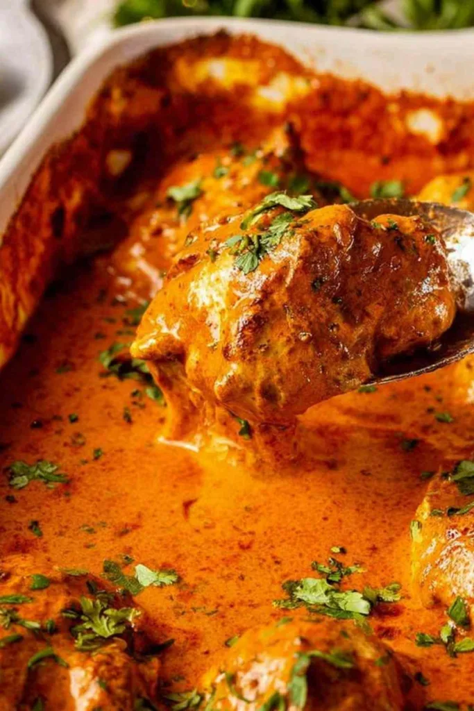one pan baked butter chicken in a white baking dish with golden chicken thighs and rich orange sauce