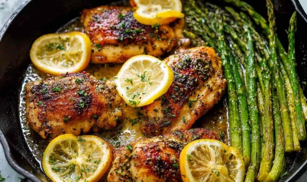 One pan lemon garlic butter chicken asparagus in a cast iron skillet