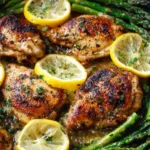 One pan lemon garlic butter chicken asparagus in a cast iron skillet