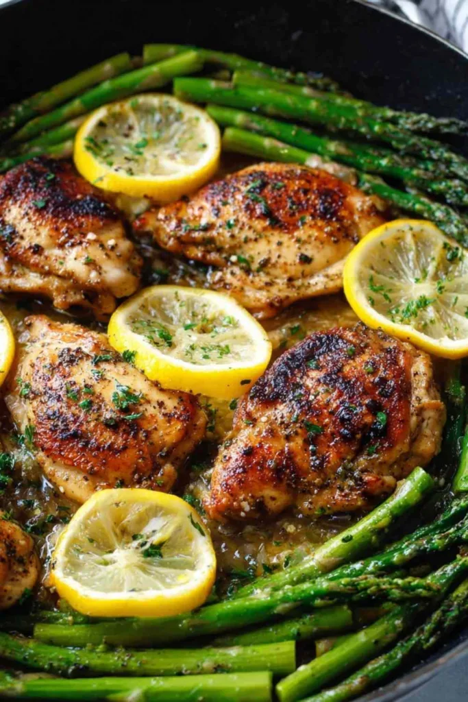 One pan lemon garlic butter chicken asparagus in a cast iron skillet