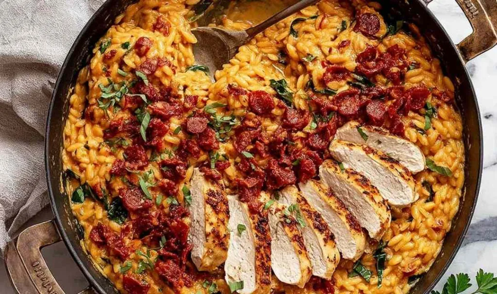 One pot chicken risoni with crispy salami in a creamy tomato parmesan sauce served in a white bowl